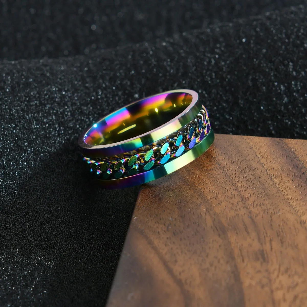 Titanium steel spinner ring with chain pattern and beer bottle opener in multiple colours and sizes