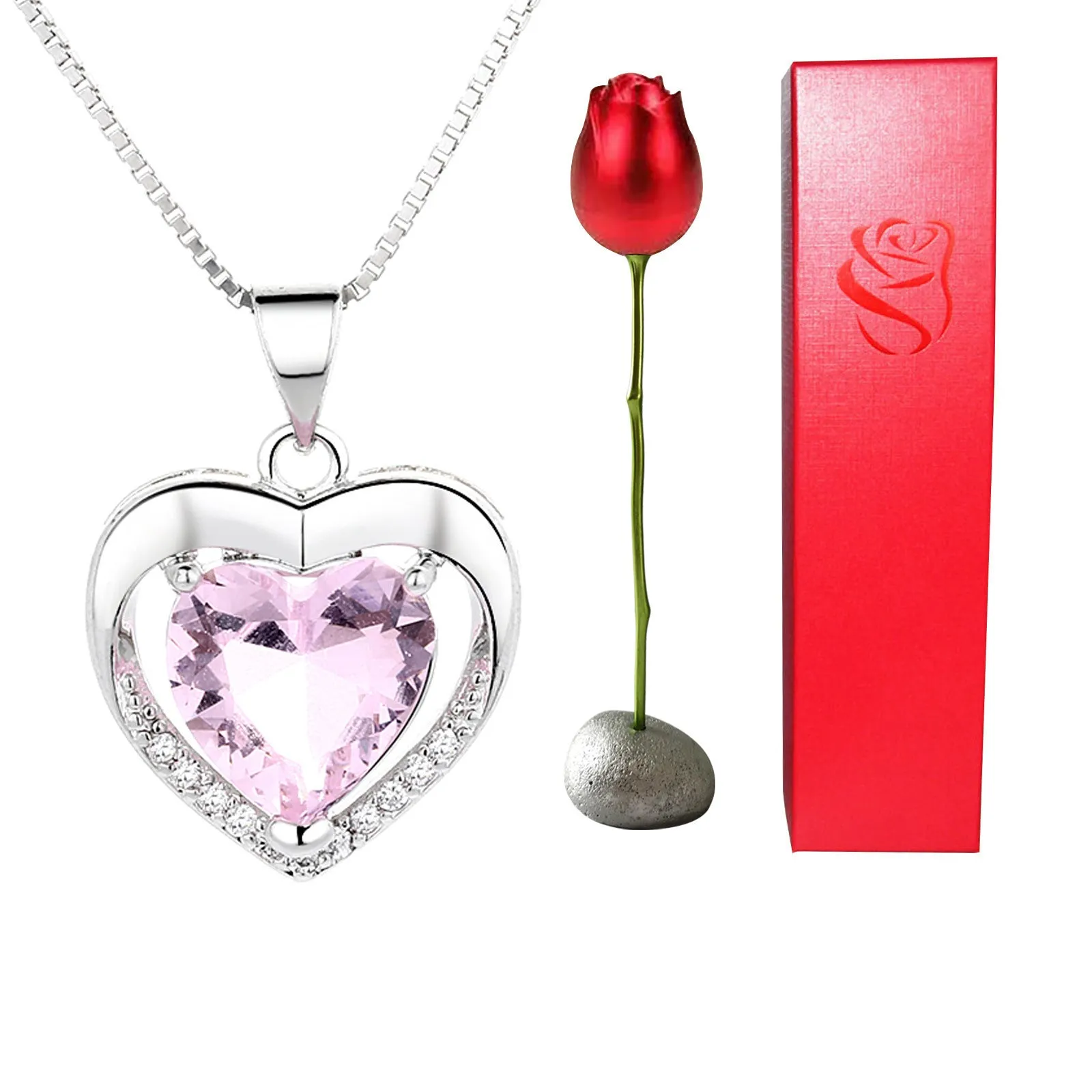 Heart-shaped crystal diamond rose pendant necklace in copper with electroplated finish, rose box packaging