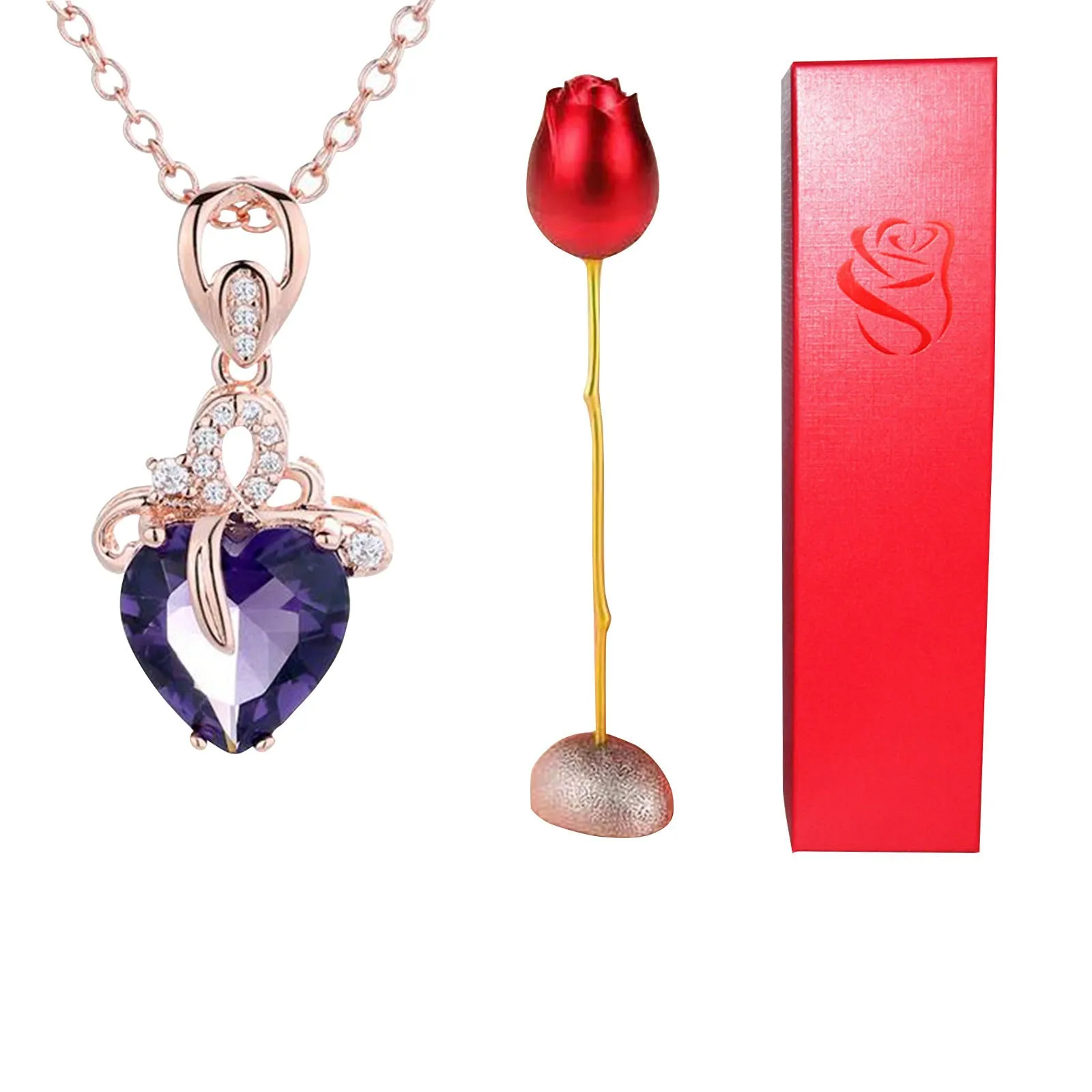 Heart-shaped crystal diamond rose pendant necklace in copper with electroplated finish, rose box packaging