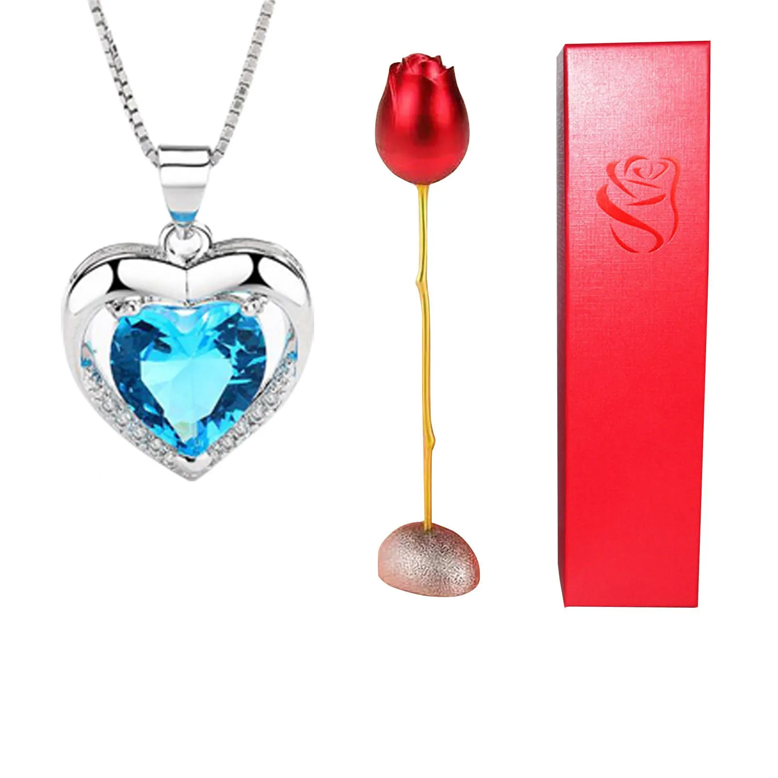 Heart-shaped crystal diamond rose pendant necklace in copper with electroplated finish, rose box packaging