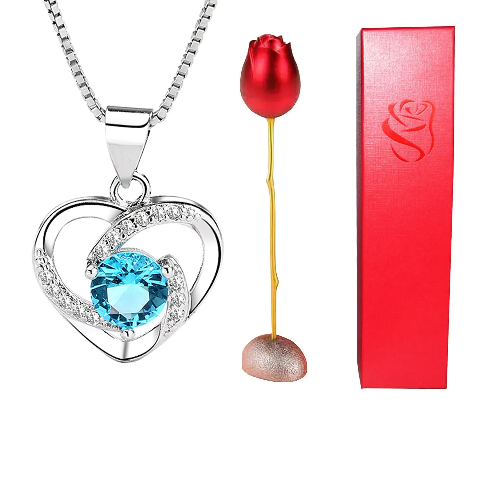 Heart-shaped crystal diamond rose pendant necklace in copper with electroplated finish, rose box packaging