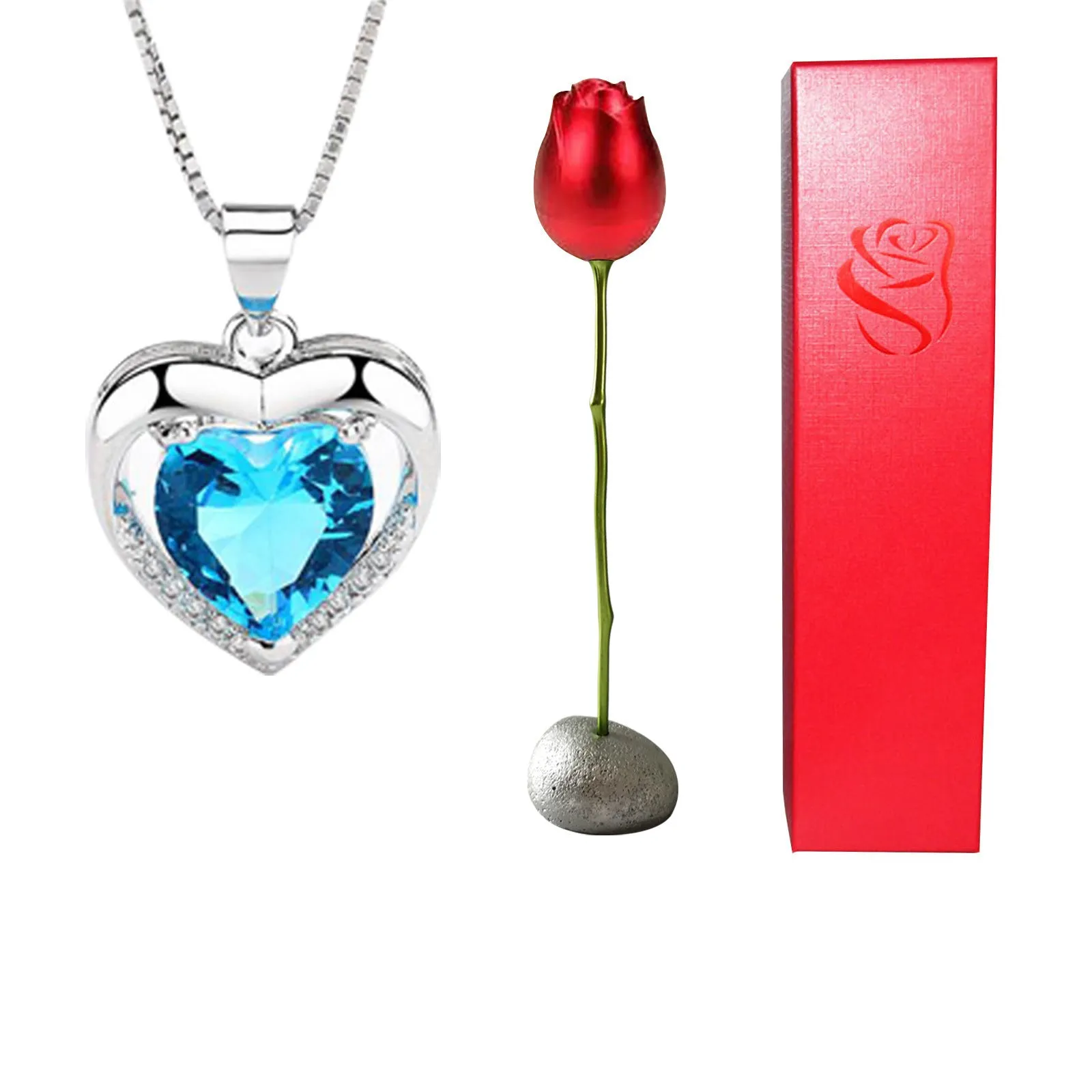 Heart-shaped crystal diamond rose pendant necklace in copper with electroplated finish, rose box packaging