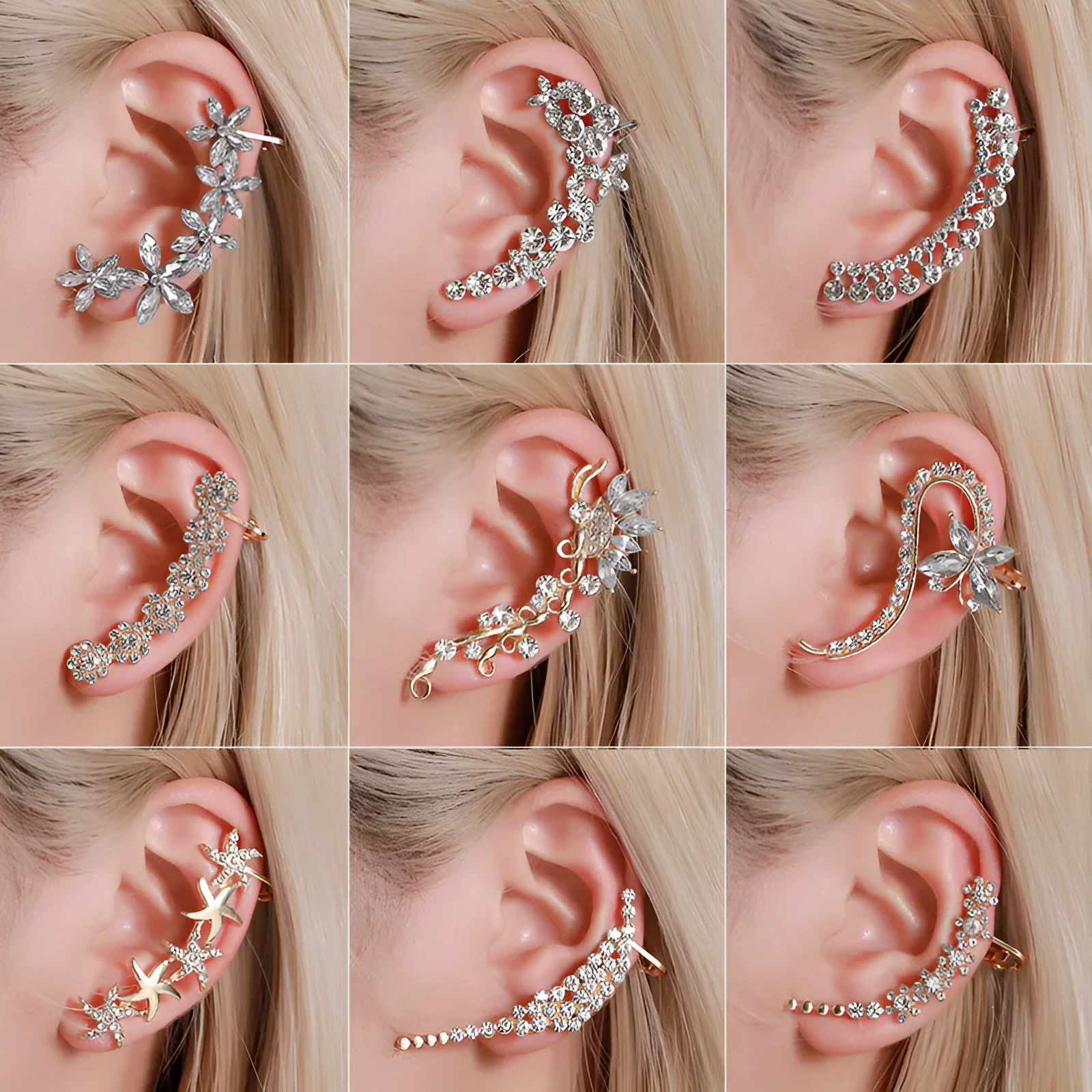 Gold Full Crystal Butterfly Flower ear clip with alloy and artificial gemstone inlay