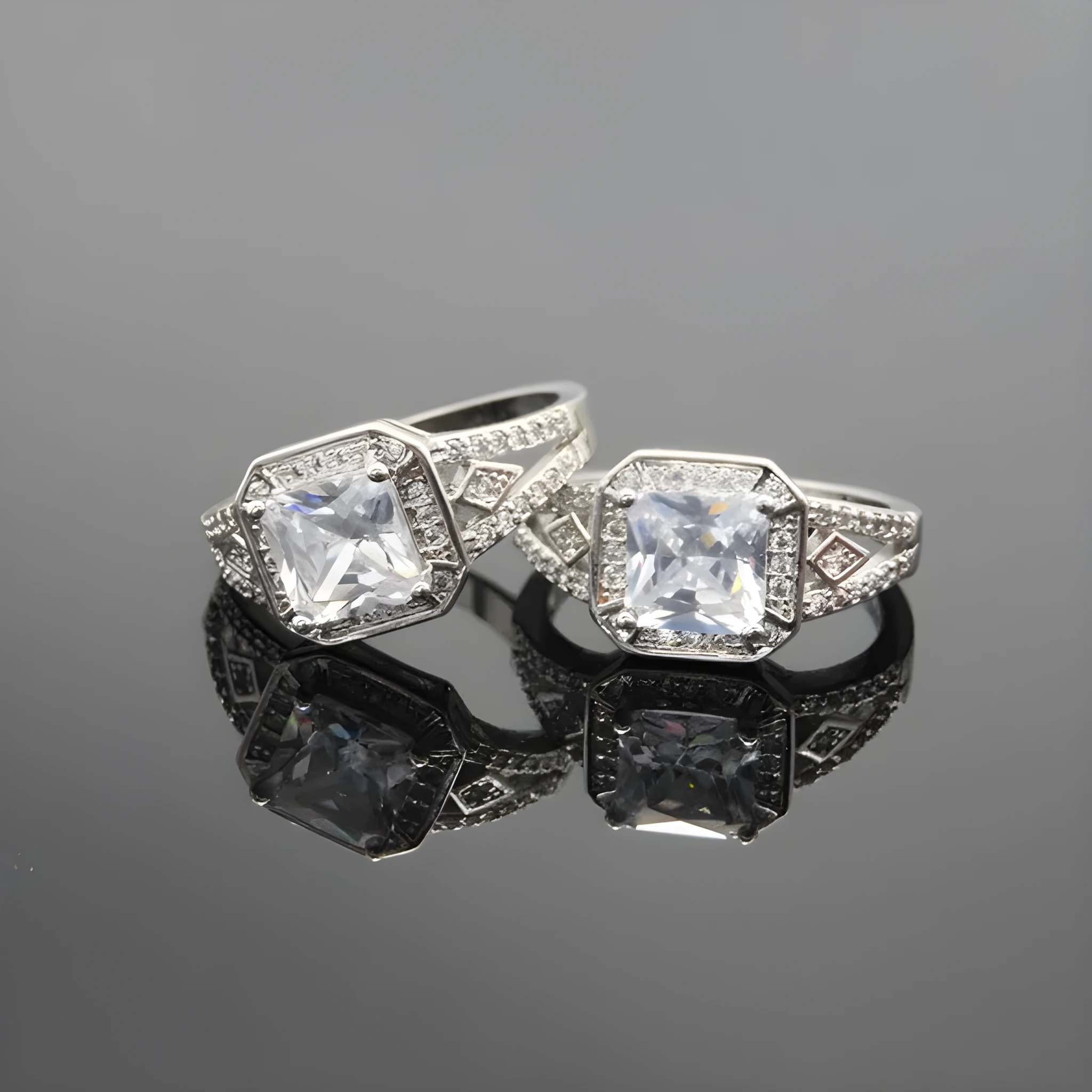 Geometric hollow design women's zircon ring in platinum finish on copper, showing quadrilateral stone.