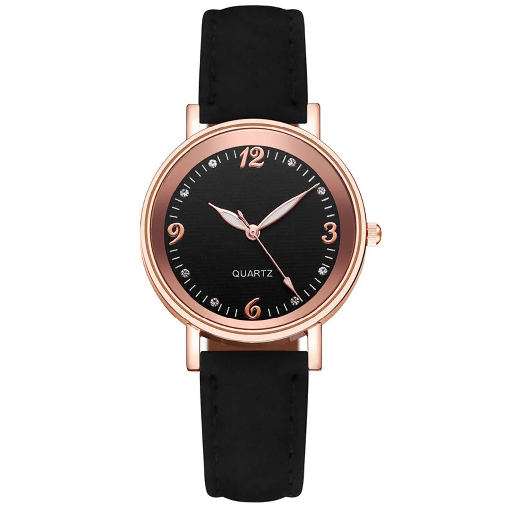 Luminous women's quartz watch with 36mm alloy case, glass dial, and brown leather strap