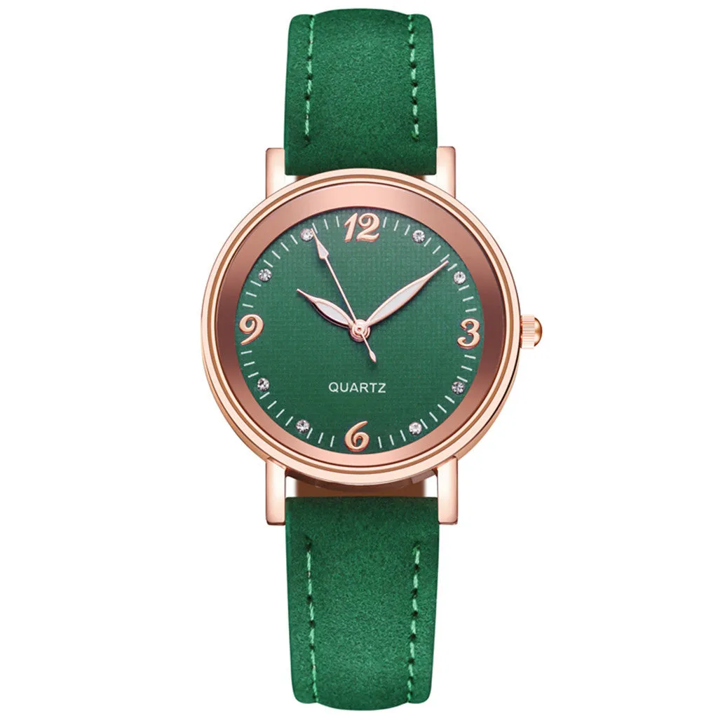 Luminous women's quartz watch with 36mm alloy case, glass dial, and brown leather strap