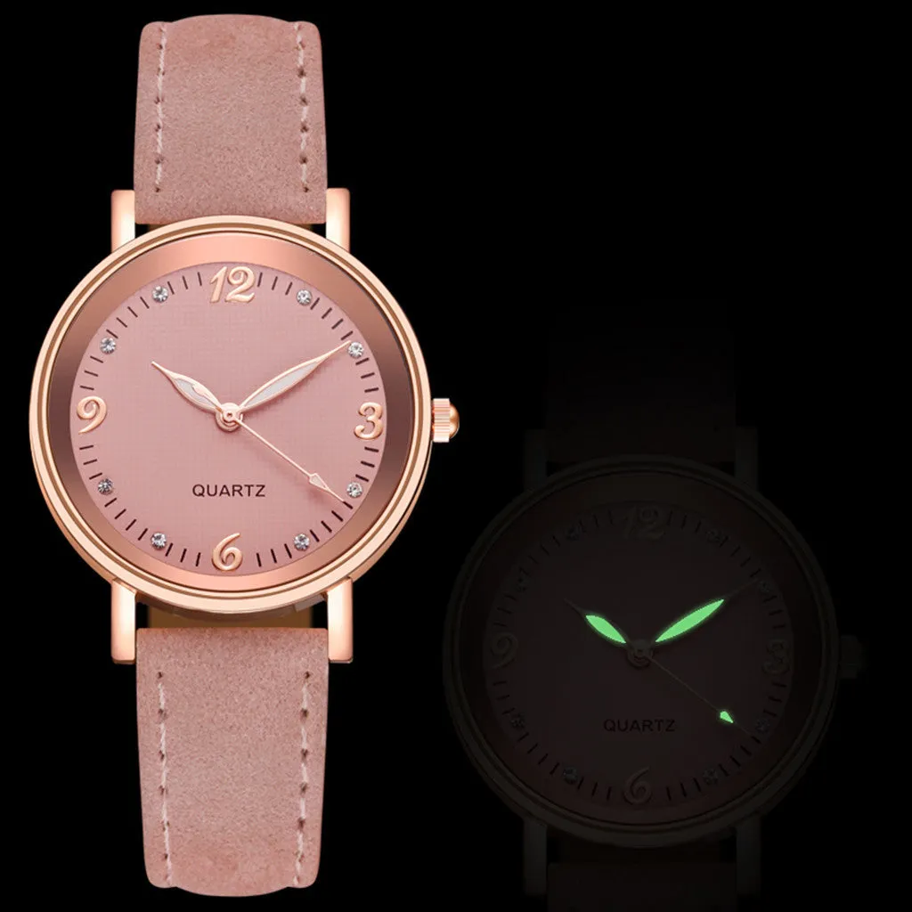 Luminous women's quartz watch with 36mm alloy case, glass dial, and brown leather strap
