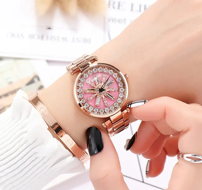 Fashion women watch with round 33mm steel dial, mineral glass mirror, and fine steel bracelet in Coffee colour