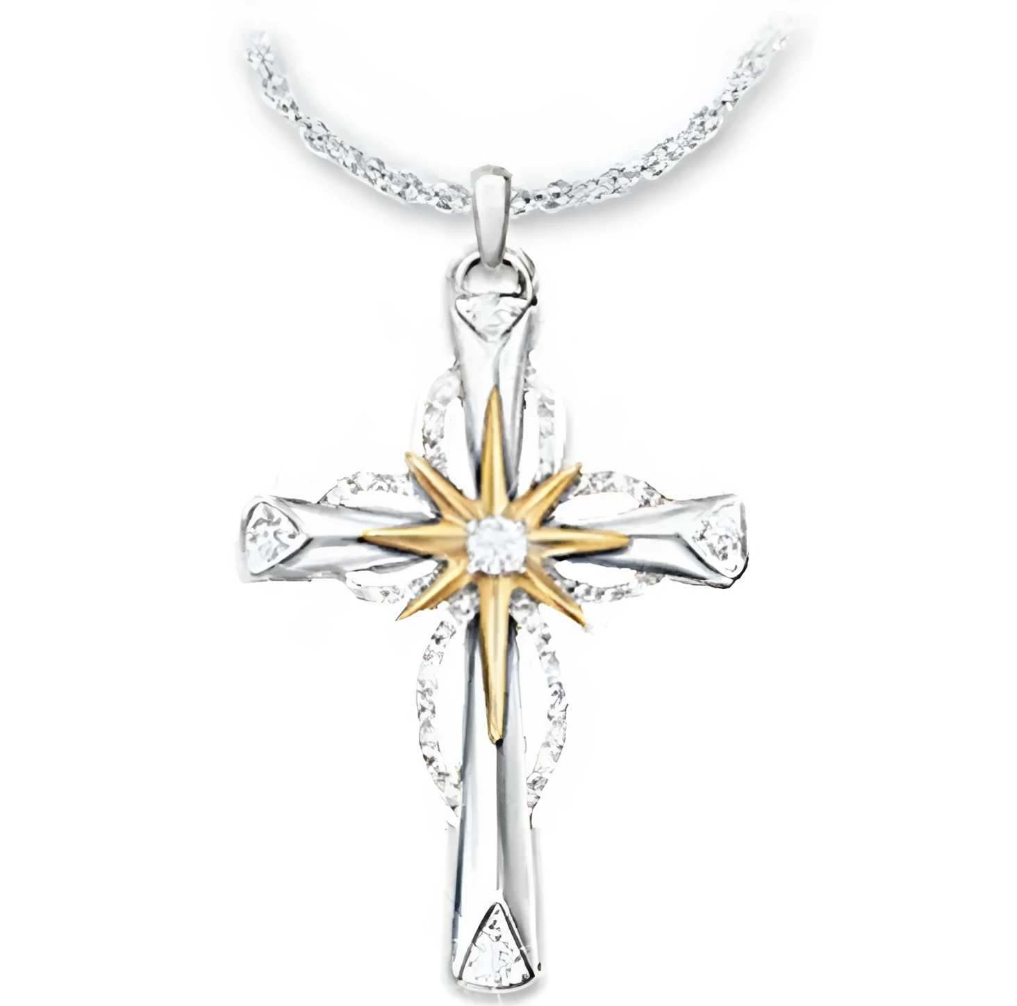 Silver alloy cross pendant with octagonal star detail on ring chain, 22x15mm size