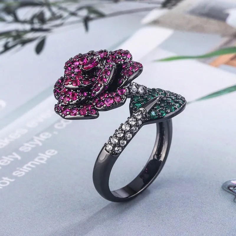 Geometric black gold ring with simulated red corundum stone, women's personality jewellery
