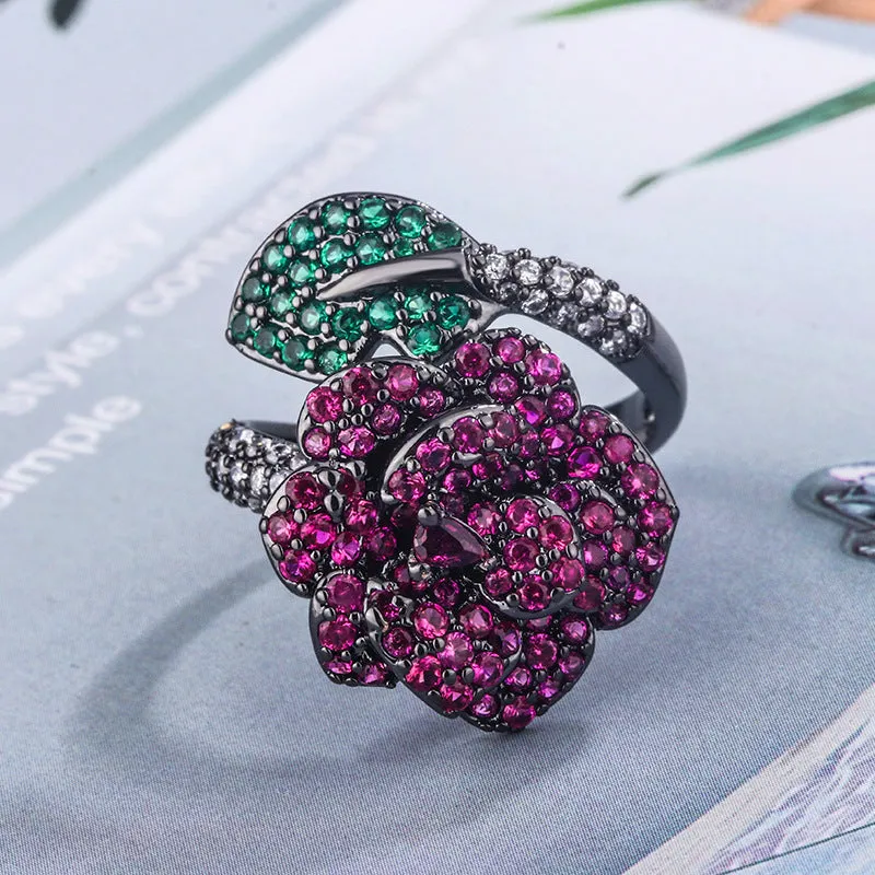 Geometric black gold ring with simulated red corundum stone, women's personality jewellery
