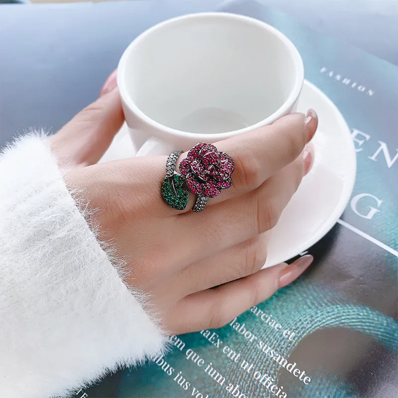 Geometric black gold ring with simulated red corundum stone, women's personality jewellery