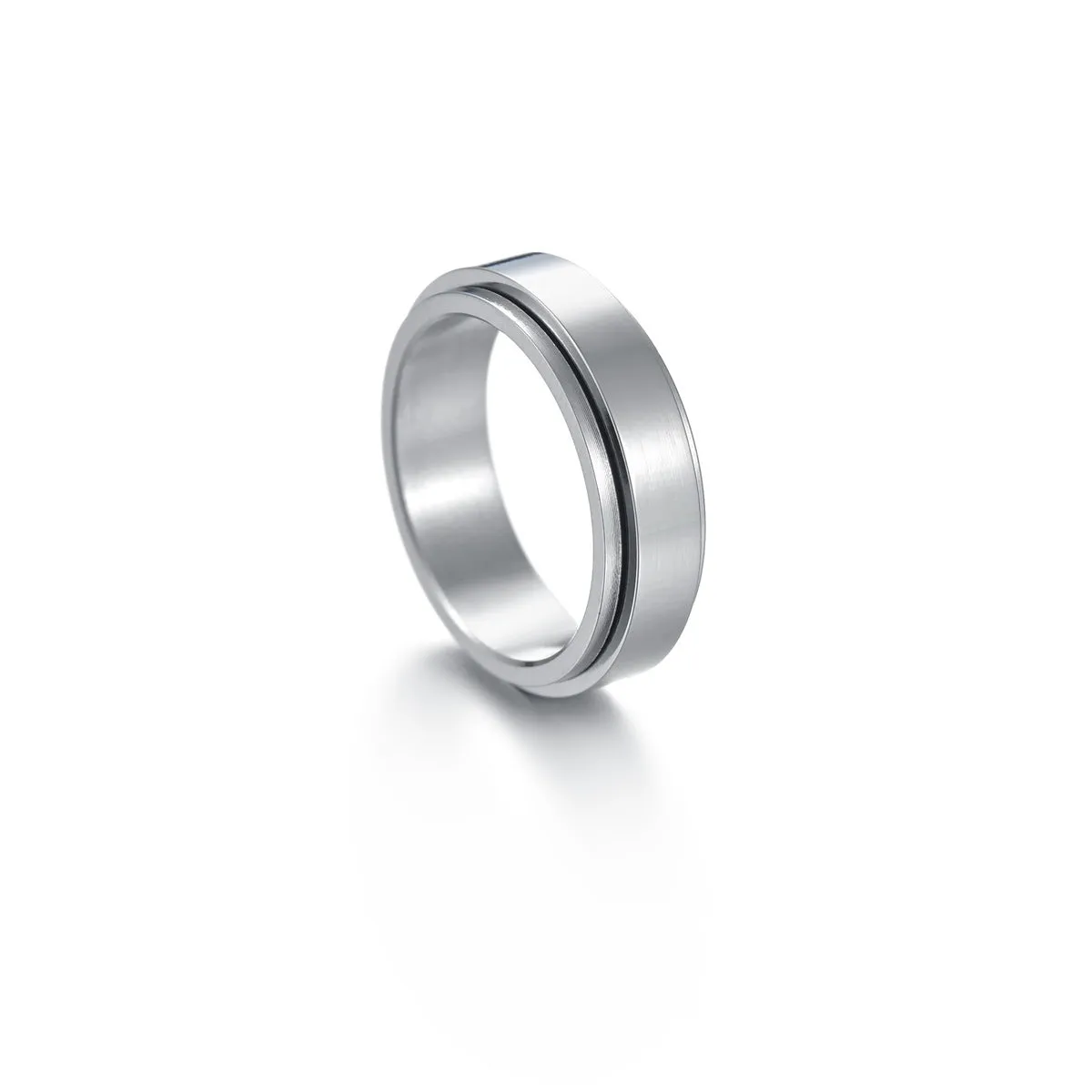 Titanium steel star moon ring in glossy finish on a neutral background, showing celestial motif and band width