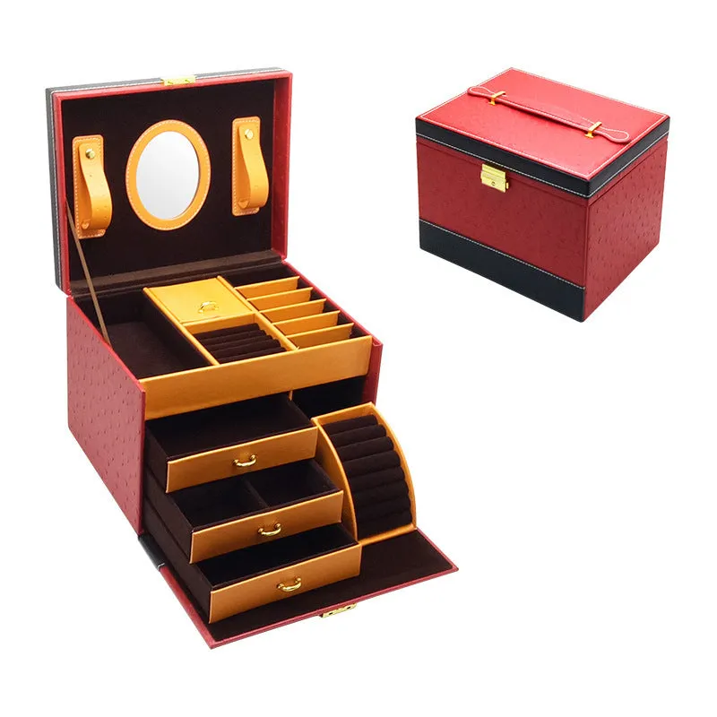 Leather jewellery storage drawer box with hard shell, 22.5x16x17cm, plain pattern, multiple colours