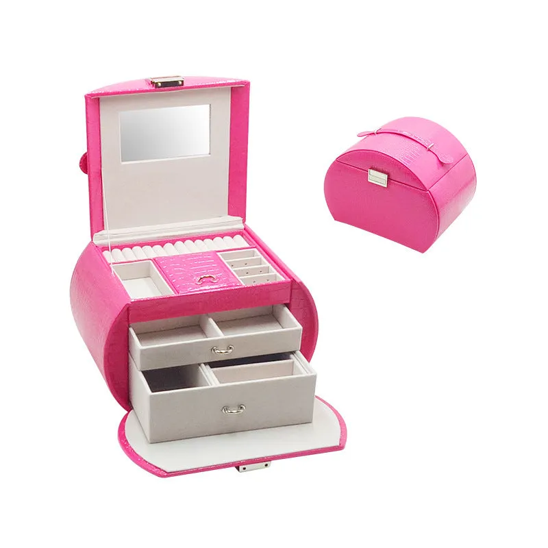 Leather jewellery storage drawer box with hard shell, 22.5x16x17cm, plain pattern, multiple colours