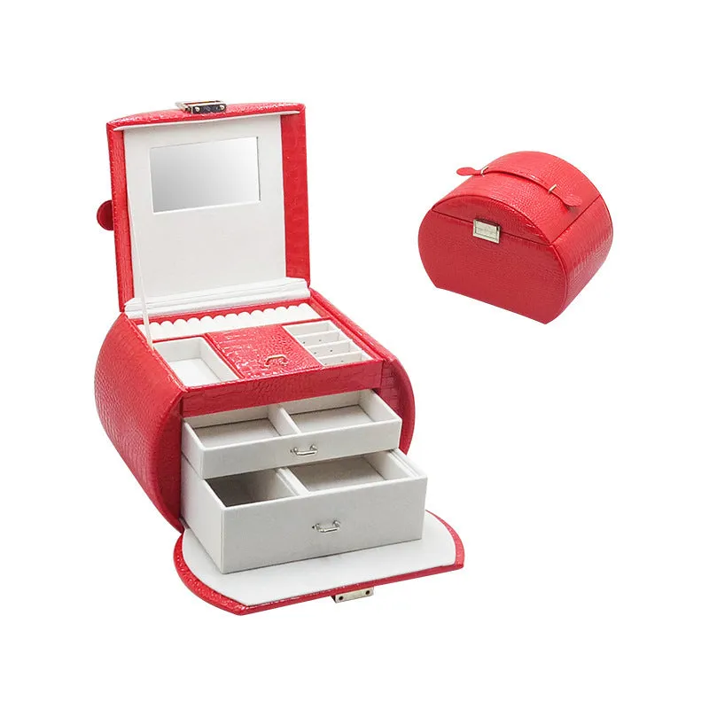 Leather jewellery storage drawer box with hard shell, 22.5x16x17cm, plain pattern, multiple colours