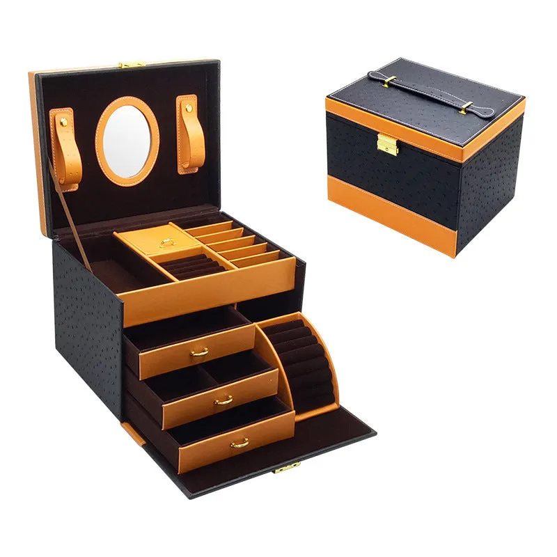 Leather jewellery storage drawer box with hard shell, 22.5x16x17cm, plain pattern, multiple colours