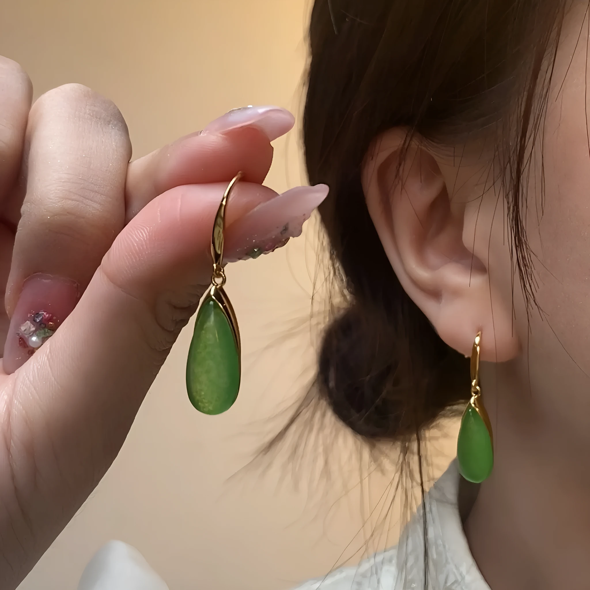 Chinese style geometric copper earrings with electroplated CP798 jade finish and water droplet design