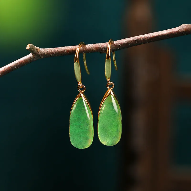 Chinese style geometric copper earrings with electroplated CP798 jade finish and water droplet design