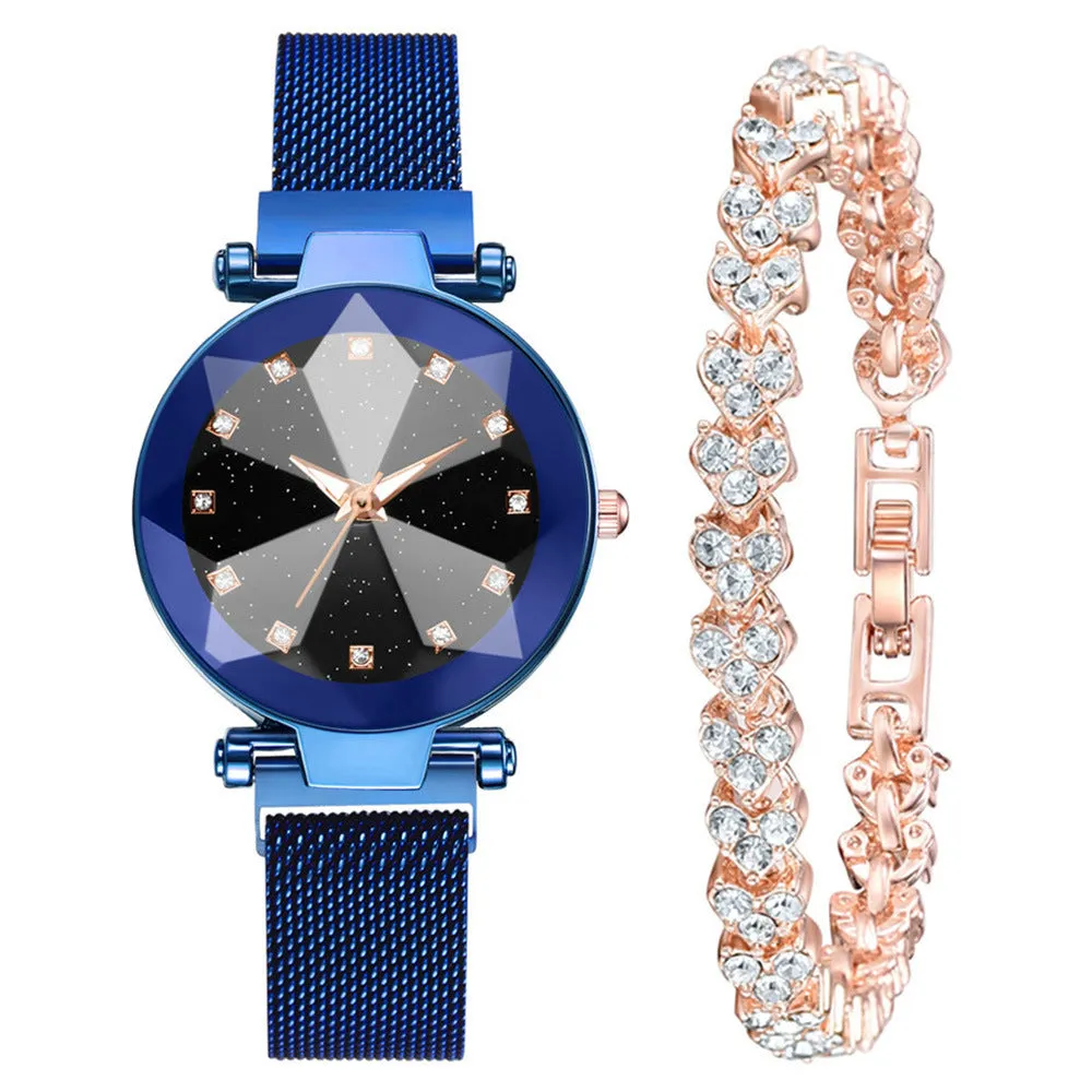 Six women's square diamond rhinestone starry sky face casual watches with alloy straps and magnet buckles in rose gold, purple, black, red, brown, and blue