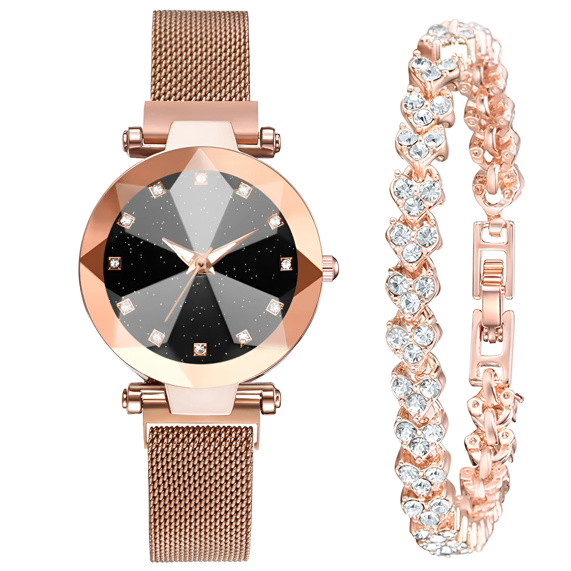 Six women's square diamond rhinestone starry sky face casual watches with alloy straps and magnet buckles in rose gold, purple, black, red, brown, and blue