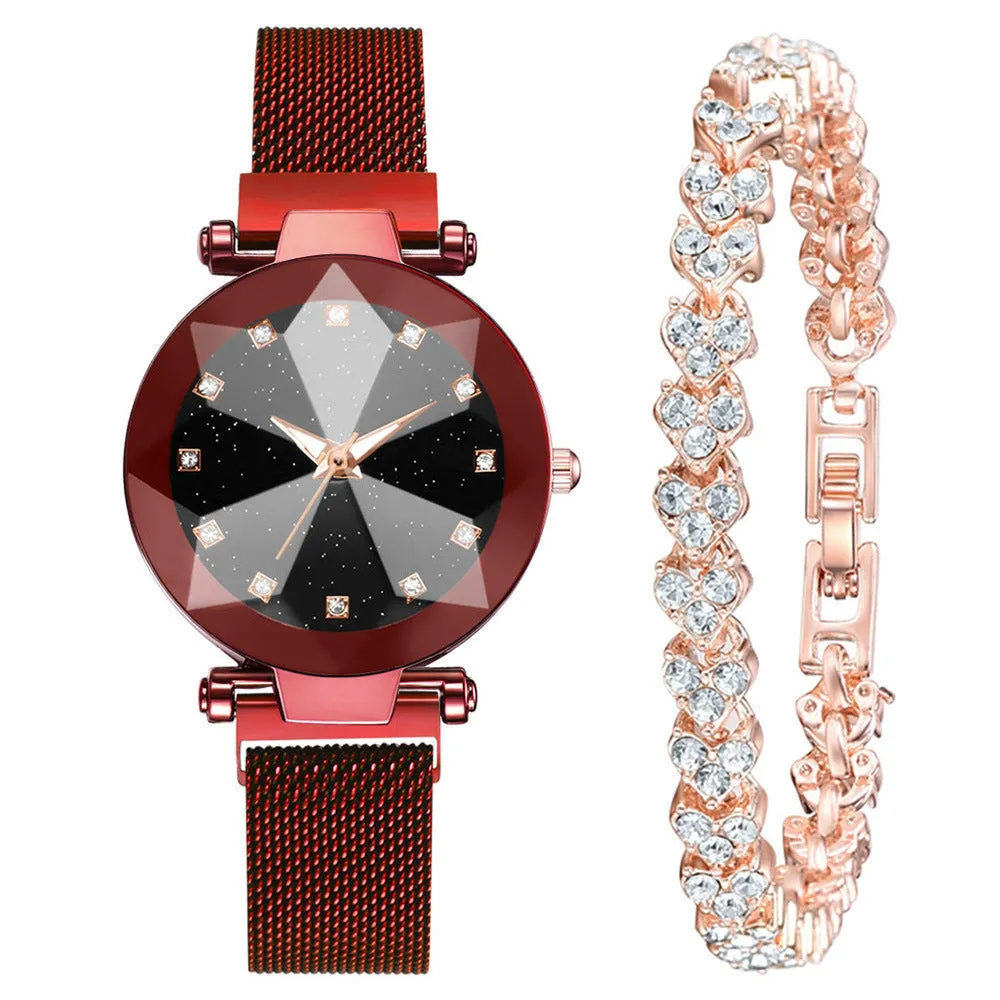 Six women's square diamond rhinestone starry sky face casual watches with alloy straps and magnet buckles in rose gold, purple, black, red, brown, and blue