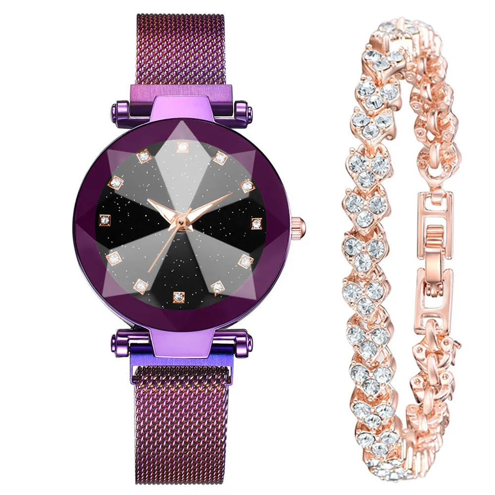 Six women's square diamond rhinestone starry sky face casual watches with alloy straps and magnet buckles in rose gold, purple, black, red, brown, and blue