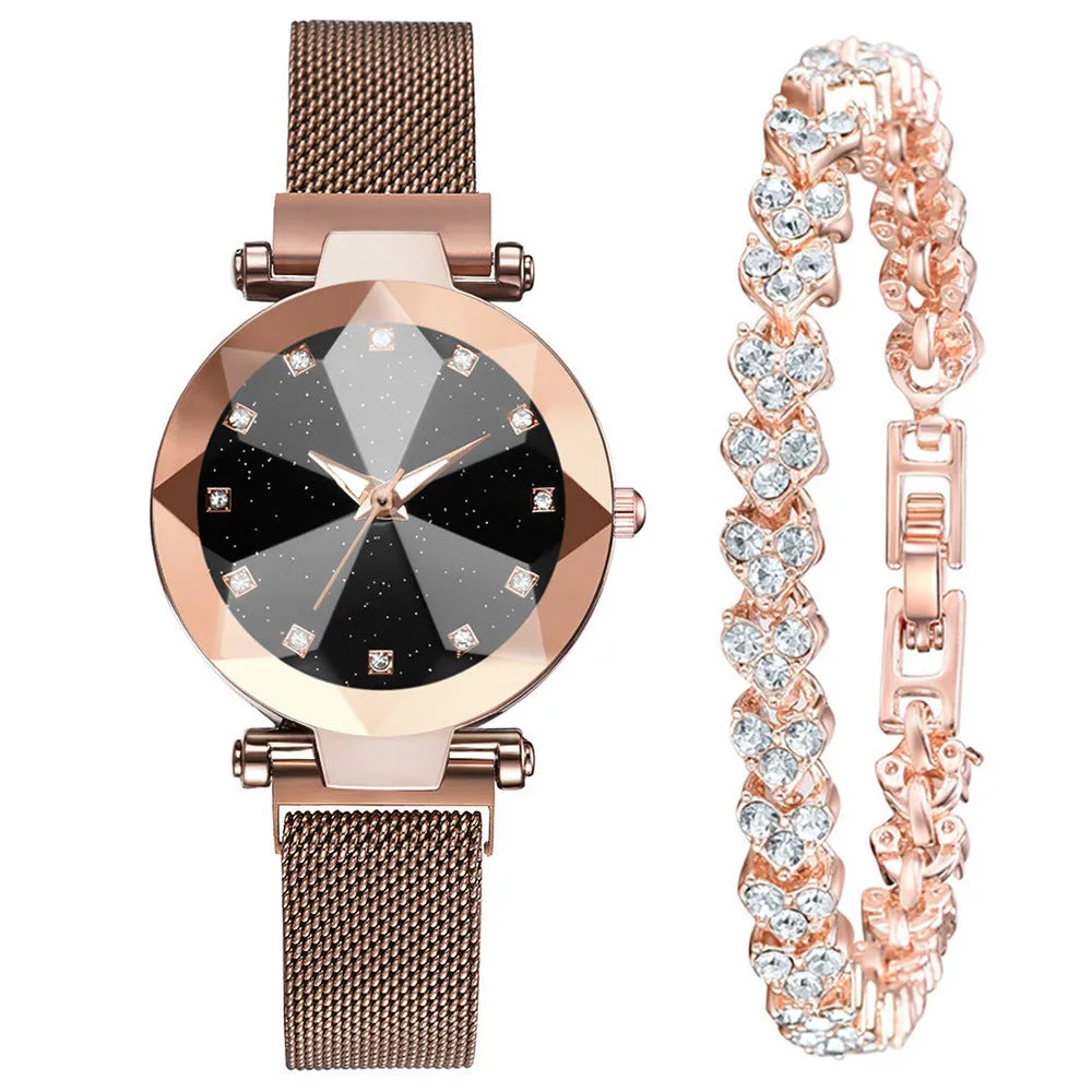 Six women's square diamond rhinestone starry sky face casual watches with alloy straps and magnet buckles in rose gold, purple, black, red, brown, and blue