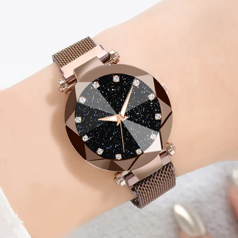 Six women's square diamond rhinestone starry sky face casual watches with alloy straps and magnet buckles in rose gold, purple, black, red, brown, and blue
