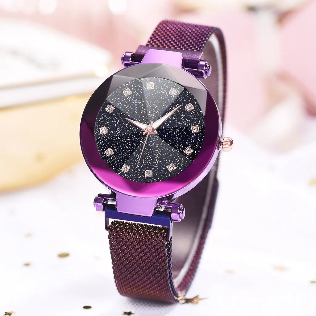 Six women's square diamond rhinestone starry sky face casual watches with alloy straps and magnet buckles in rose gold, purple, black, red, brown, and blue