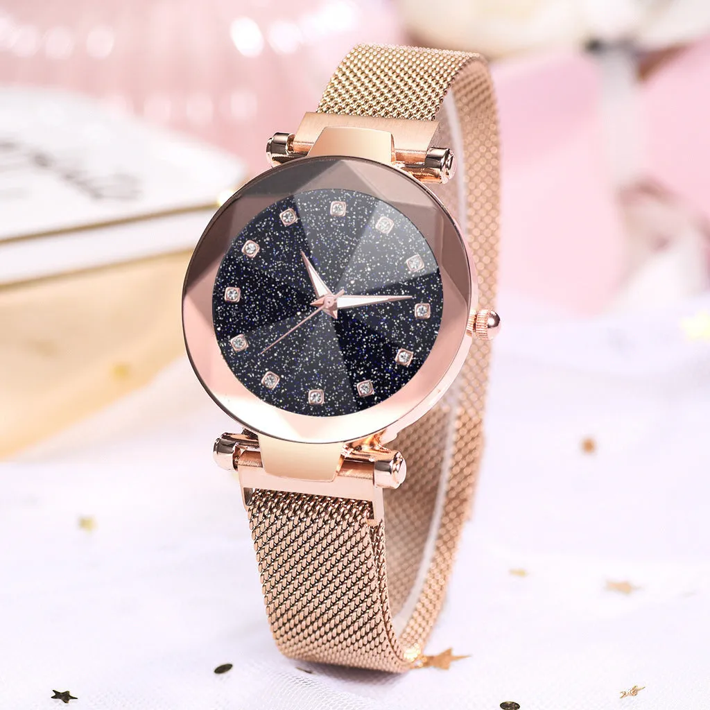 Six women's square diamond rhinestone starry sky face casual watches with alloy straps and magnet buckles in rose gold, purple, black, red, brown, and blue