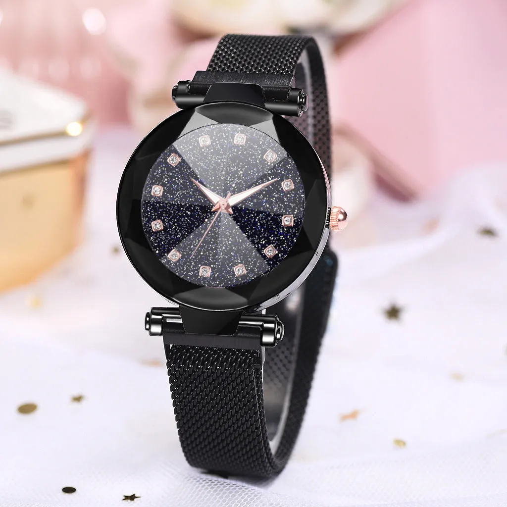 Six women's square diamond rhinestone starry sky face casual watches with alloy straps and magnet buckles in rose gold, purple, black, red, brown, and blue