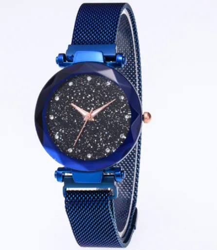 Six women's square diamond rhinestone starry sky face casual watches with alloy straps and magnet buckles in rose gold, purple, black, red, brown, and blue