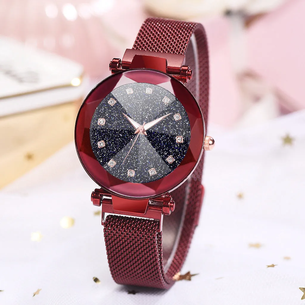 Six women's square diamond rhinestone starry sky face casual watches with alloy straps and magnet buckles in rose gold, purple, black, red, brown, and blue