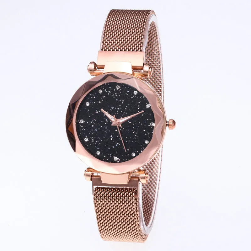 Six women's square diamond rhinestone starry sky face casual watches with alloy straps and magnet buckles in rose gold, purple, black, red, brown, and blue
