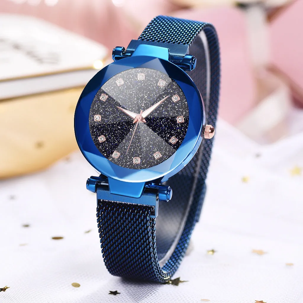 Six women's square diamond rhinestone starry sky face casual watches with alloy straps and magnet buckles in rose gold, purple, black, red, brown, and blue