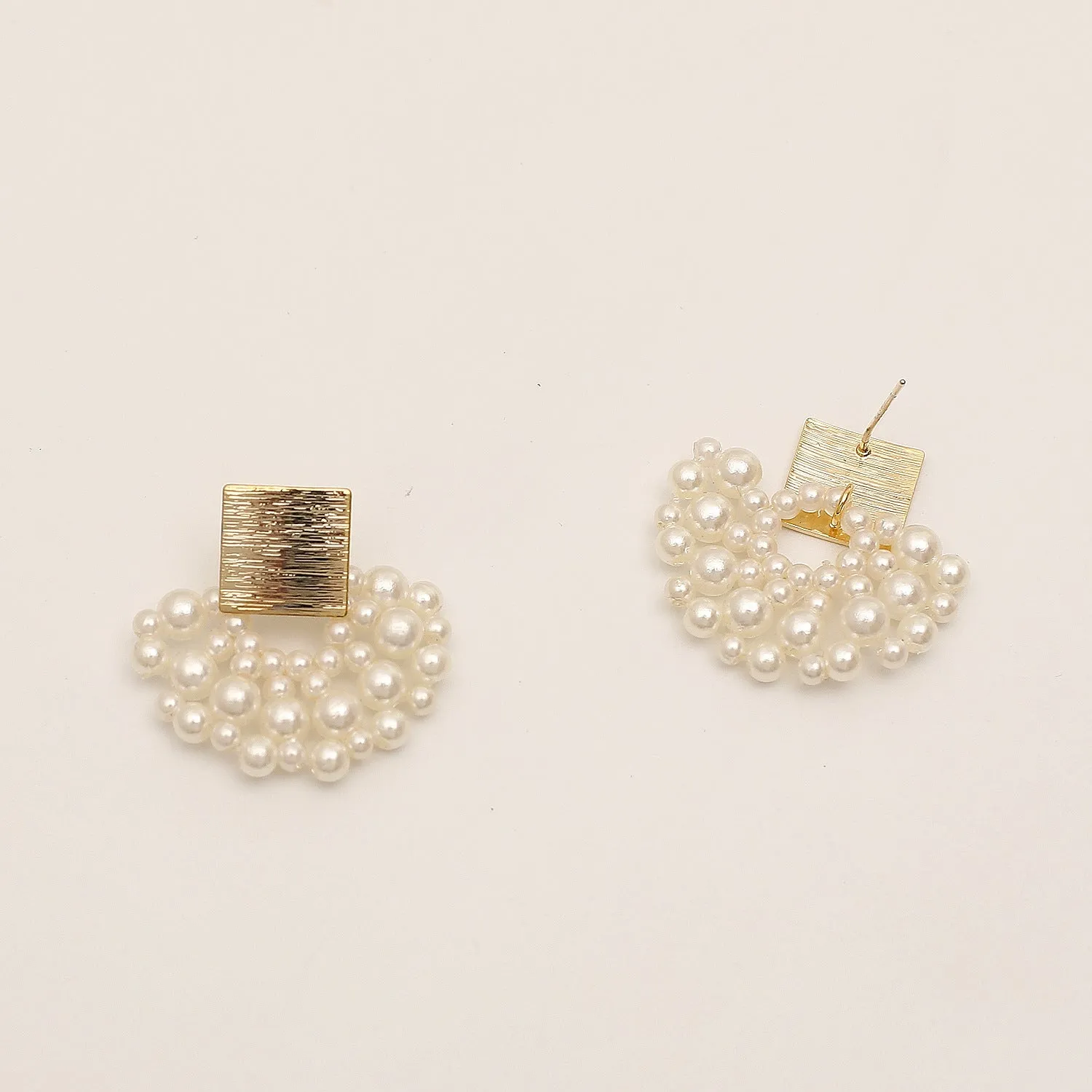 Handmade pearl woven scalloped stud earrings in 14K true gold electroplated alloy with inlaid pearls