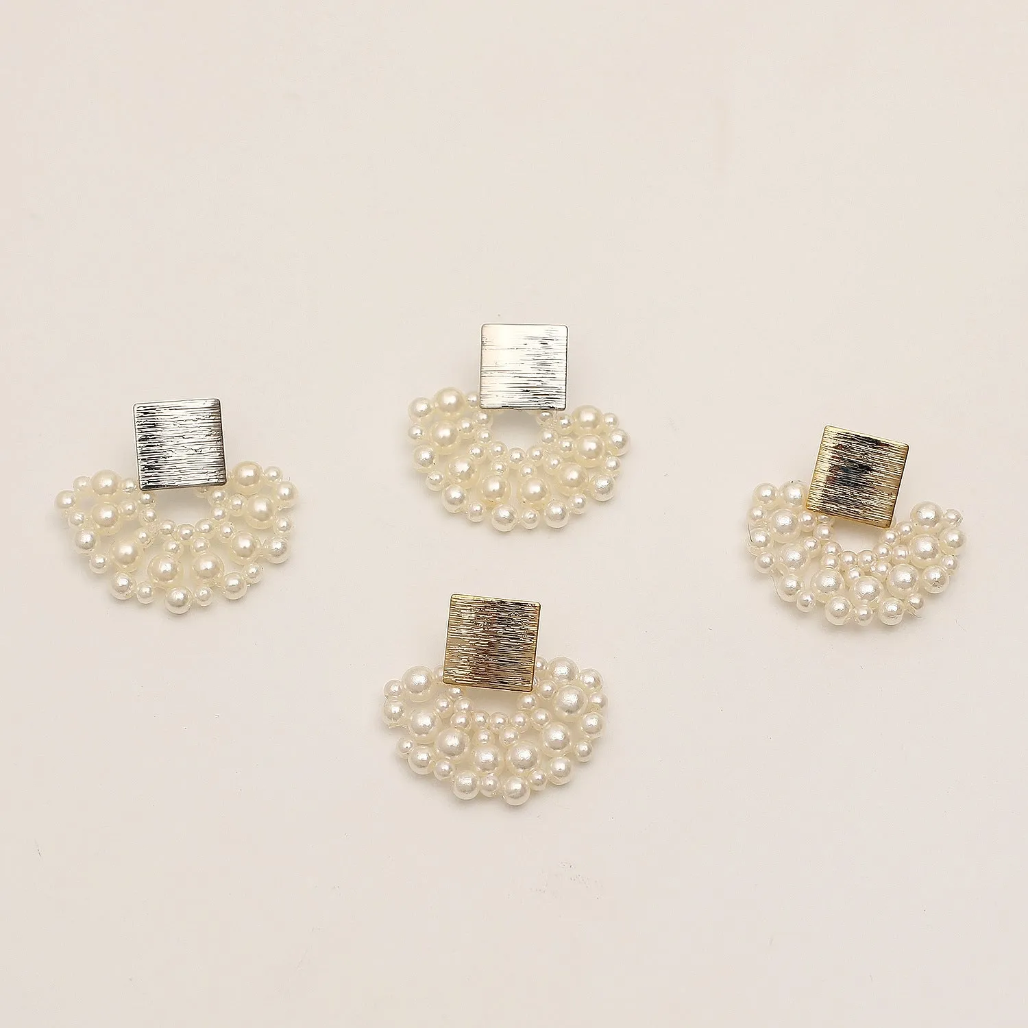 Handmade pearl woven scalloped stud earrings in 14K true gold electroplated alloy with inlaid pearls