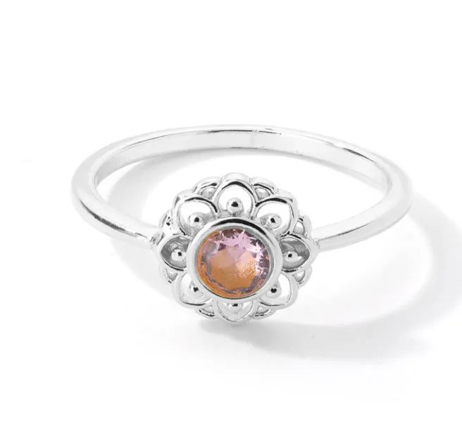 Stainless steel ring with gold electroplated lotus and moon-sun plant design, 9mm face width