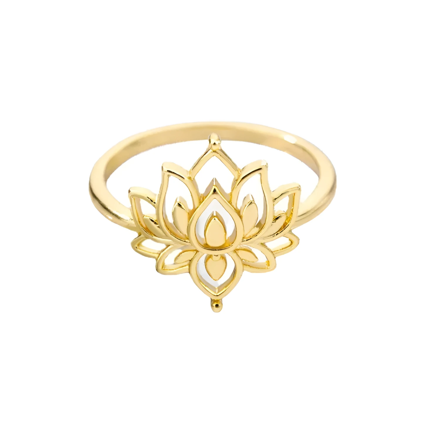 Stainless steel ring with gold electroplated lotus and moon-sun plant design, 9mm face width
