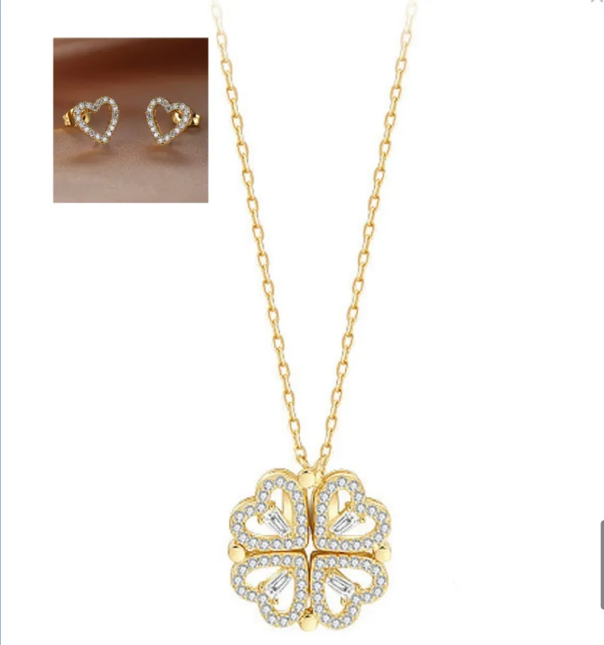 Detachable four-leaf clover necklace in titanium steel with zircon accents, short clavicle chain, multiple wearing options
