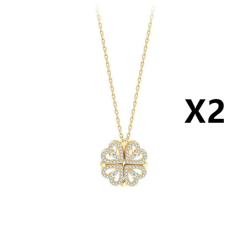 Detachable four-leaf clover necklace in titanium steel with zircon accents, short clavicle chain, multiple wearing options
