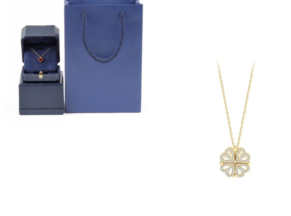 Detachable four-leaf clover necklace in titanium steel with zircon accents, short clavicle chain, multiple wearing options