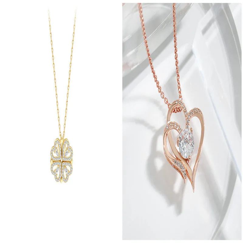 Detachable four-leaf clover necklace in titanium steel with zircon accents, short clavicle chain, multiple wearing options