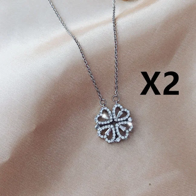 Detachable four-leaf clover necklace in titanium steel with zircon accents, short clavicle chain, multiple wearing options