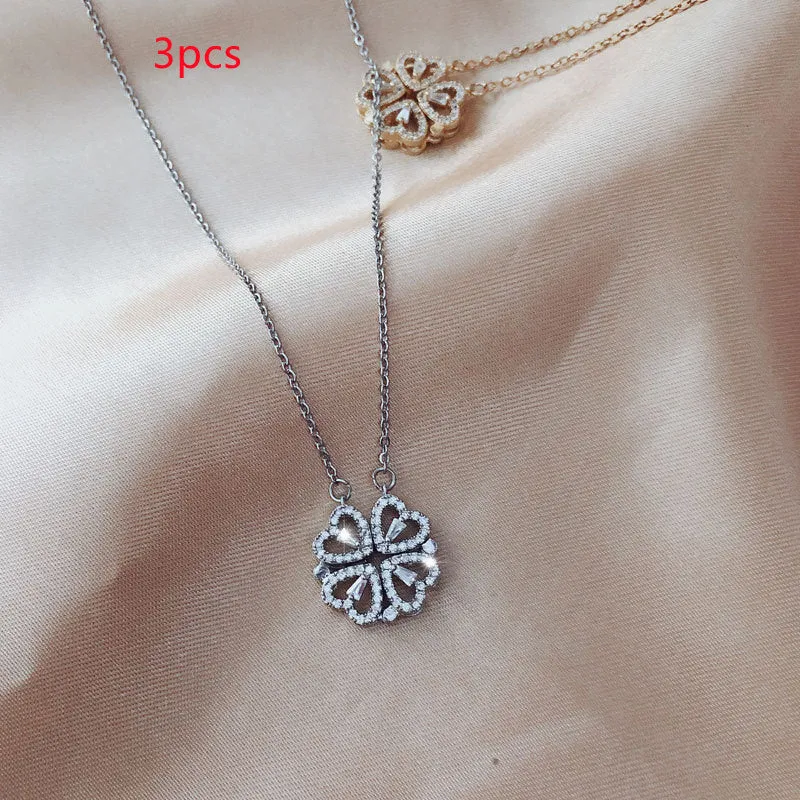 Detachable four-leaf clover necklace in titanium steel with zircon accents, short clavicle chain, multiple wearing options