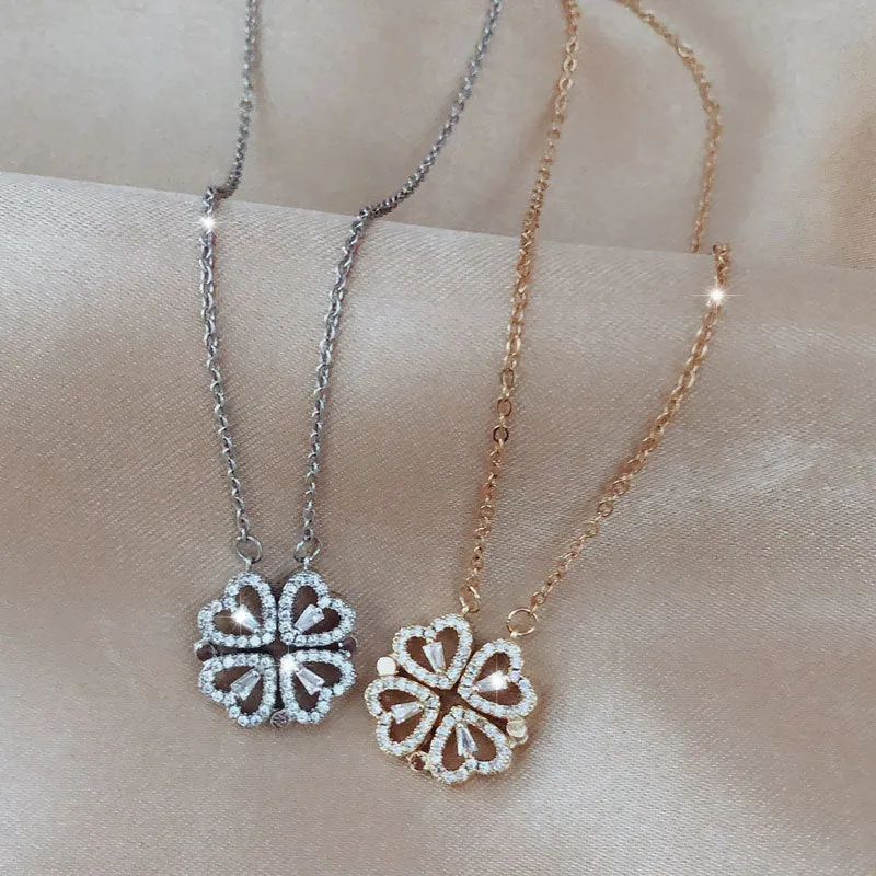 Detachable four-leaf clover necklace in titanium steel with zircon accents, short clavicle chain, multiple wearing options