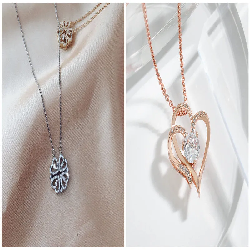 Detachable four-leaf clover necklace in titanium steel with zircon accents, short clavicle chain, multiple wearing options