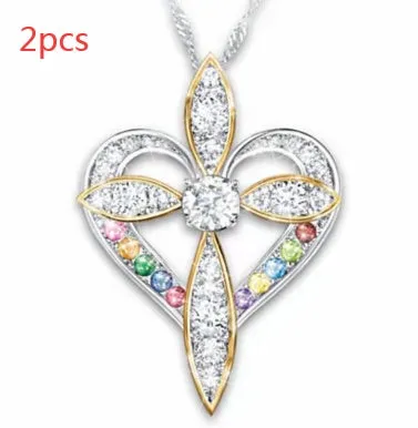 Alloy heart shaped cross pendant necklace on adjustable clavicle chain, unisex style, electroplated finish