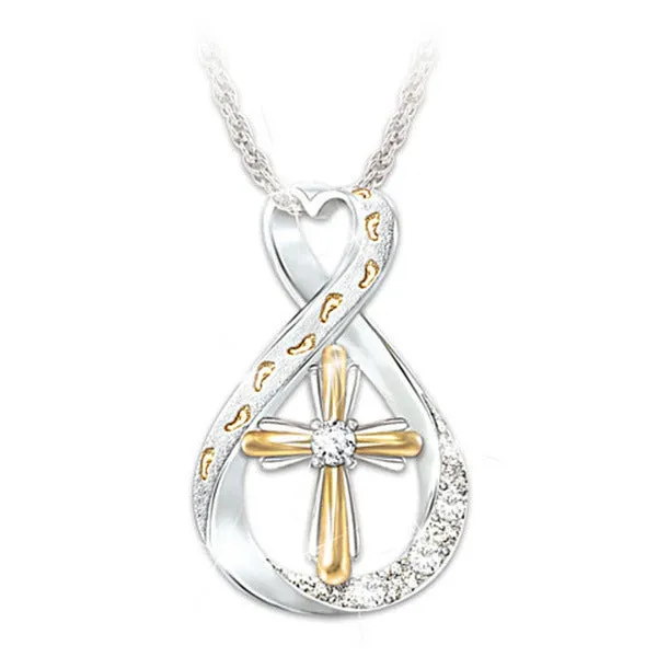 Cross footprint diamond pendant two-tone alloy geometric design on chain